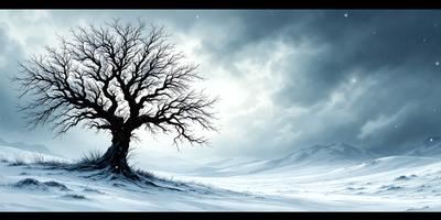 The primary subject of the image is a barren tree with no leaves, standing alone in a snowy field. The setting is a snowy landscape with a mountain in the background. The visual style is a digital art or illustration, creating a cold and desolate atmosphere. The dominant colors are white, gray, and black, reflecting the snowy environment and the tree's lack of leaves.